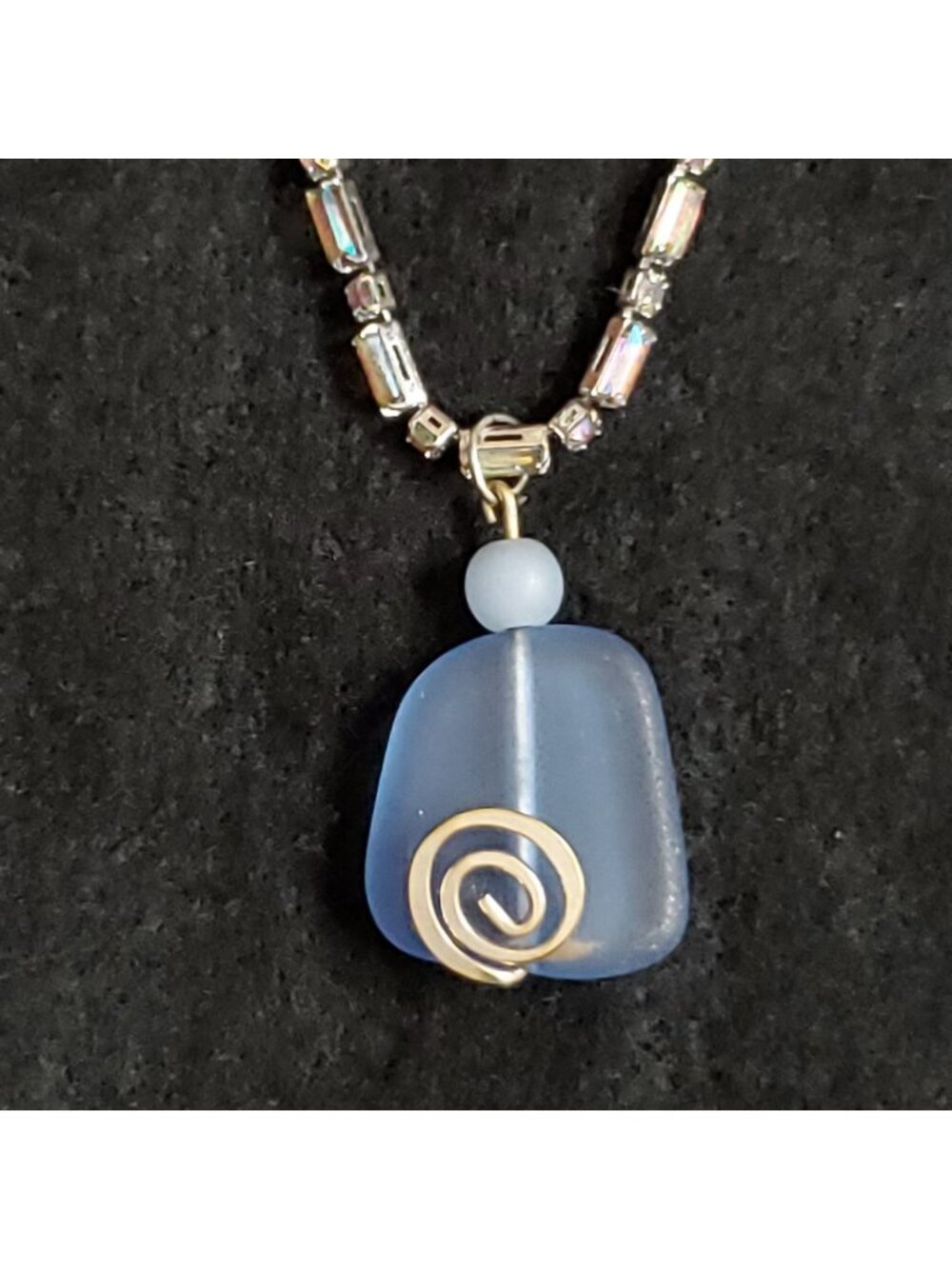 Sea Glass Necklace Blue Silver Tone Aura Borealis Rhinestone 15"
